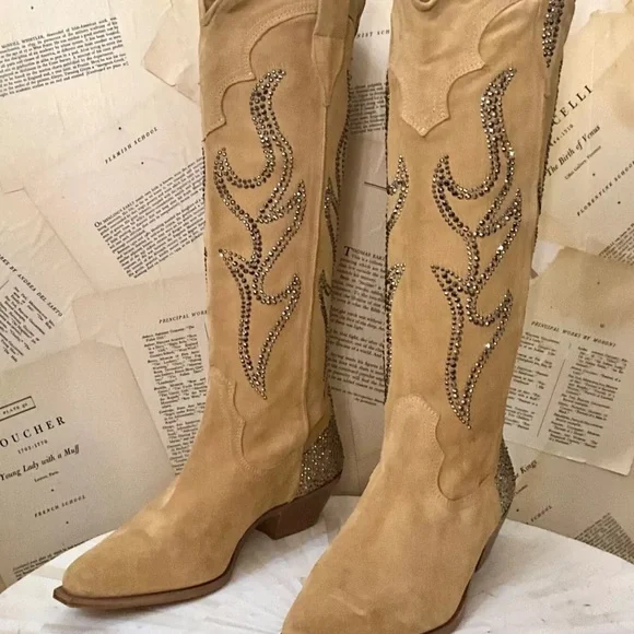 Free People Nashville Nights Cowboy Boot Tan Suede Pewter Rhinestones - Picture 4 of 9